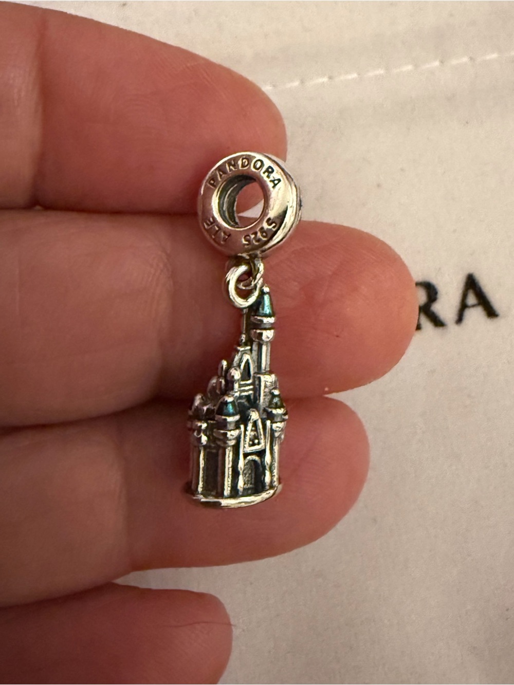 Pandora Silver Castle Dangle Charm with Accented Turquoise Patina